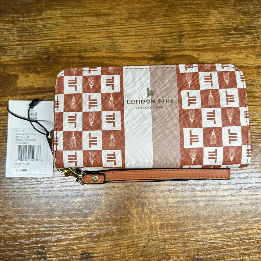 London Fog Adalia Signature Zip Around Wallet Camel Checkered Wristlet LFWS23900